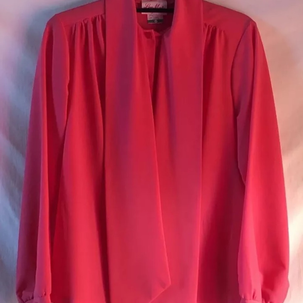 Vtg Lee Mar Pageant Womens Sz 8 Lightweight Long Slv Hot Pink Button Up Neck Tie